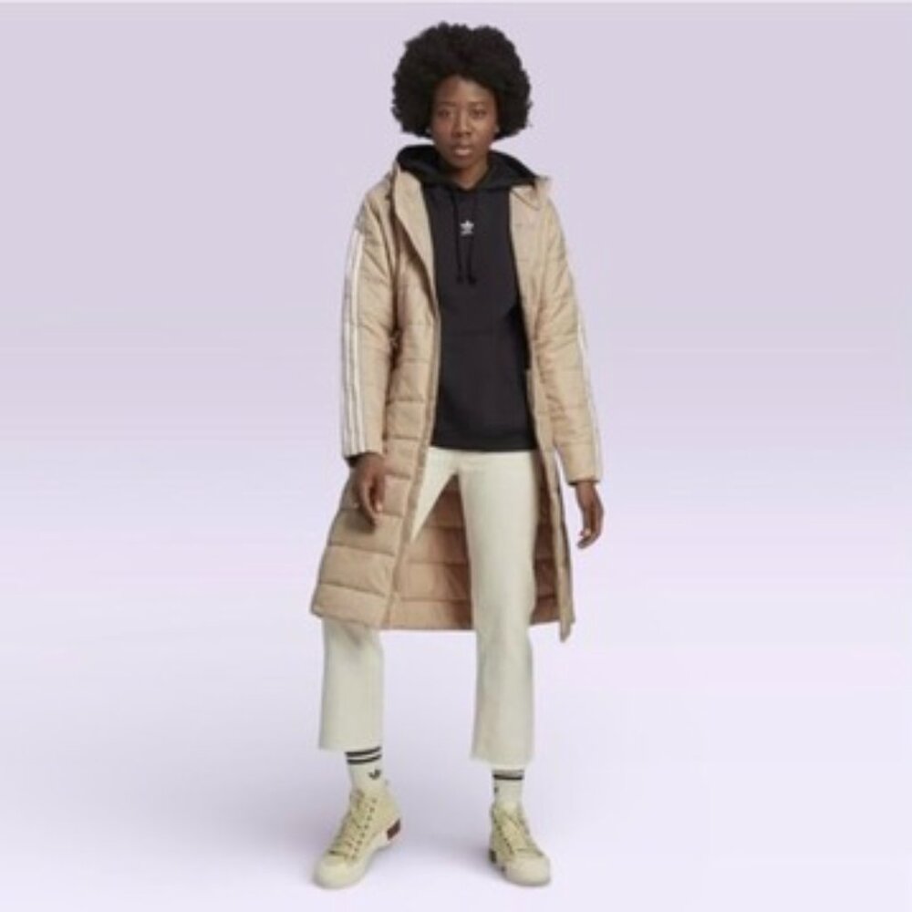 Adidas Originals Long Puffer Jacket XL Beige Belted Hooded NWT HK5252 - Picture 2 of 11